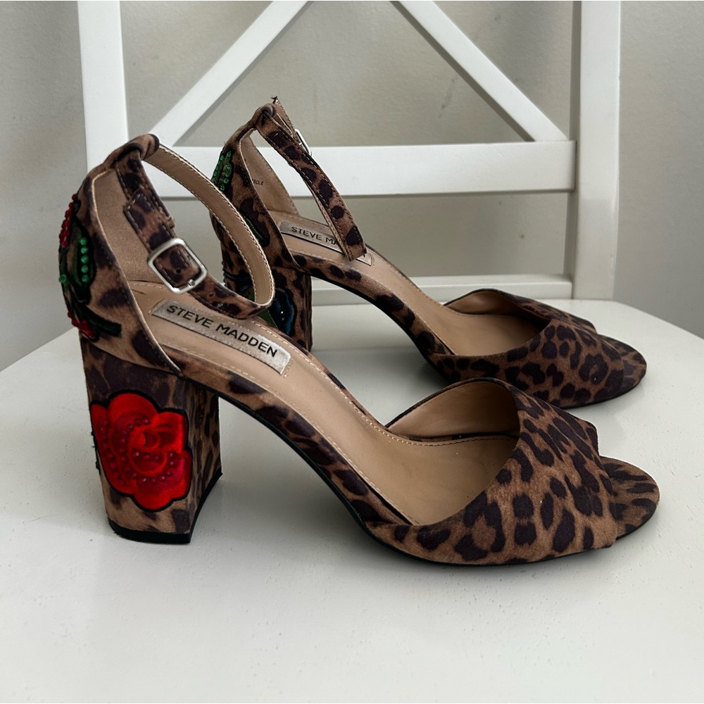 Steve Madden Merlys Leopard Print Tattoo Rose Embellished Heels Size 8